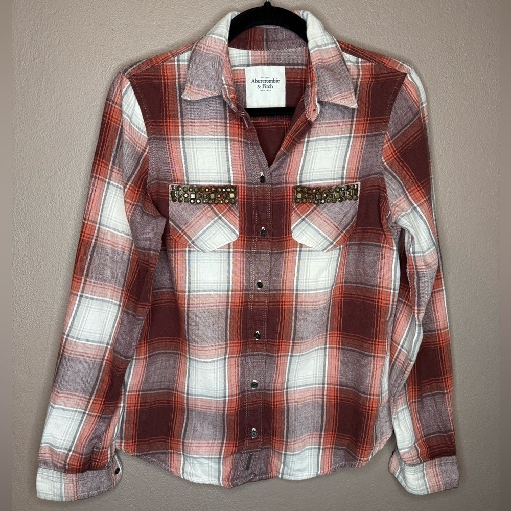 Abercrombie & Fitch Y2K Red Plaid Flannel Button Up Size Medium Western Cowgirl